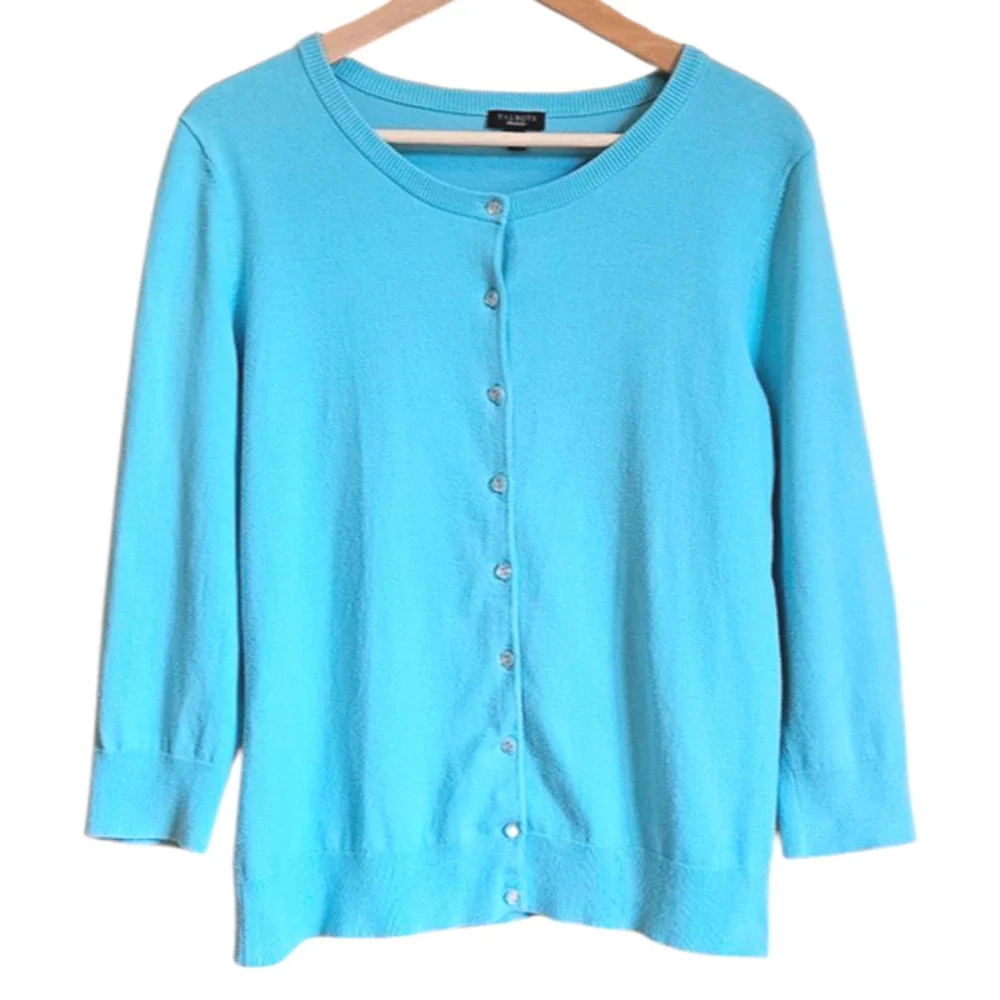 Talbots Cartigan Sweater Button Down Cotton Turquoise Women's Large